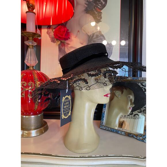Vintage 1940s wide brim hat black straw and lace open crown gothic 40s summer